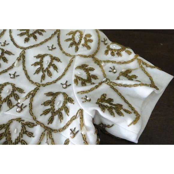 Vtg Macy's 60s Ivory Gold Beaded Top 10 Pearl Drop Tassel Deco Hong Kong - Picture 3 of 13